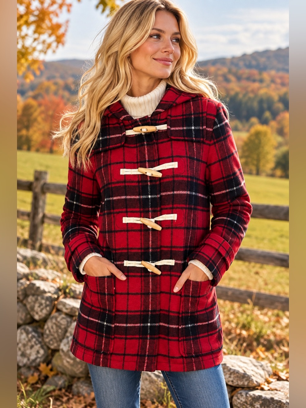 GAP M Tall Red Plaid Wool Blend Duffle Coat Hood Toggle Jacket Cottagecore
